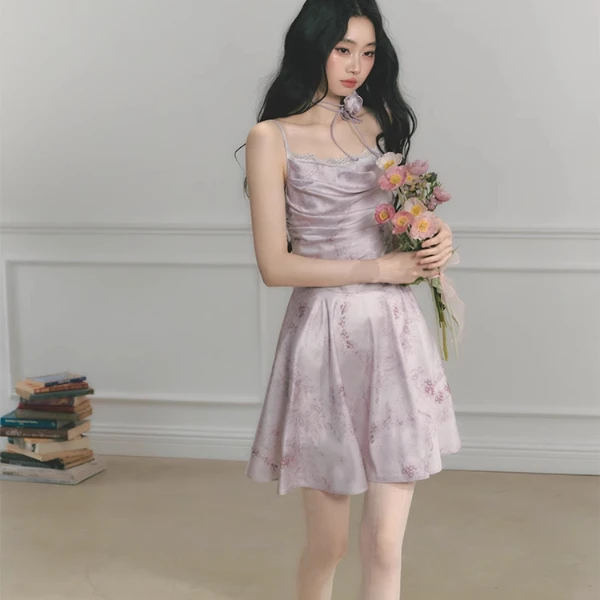 SALTHe盐茶丨【紫调风信】原创紫色蕾丝抹胸褶皱收腰碎花抹胸裙