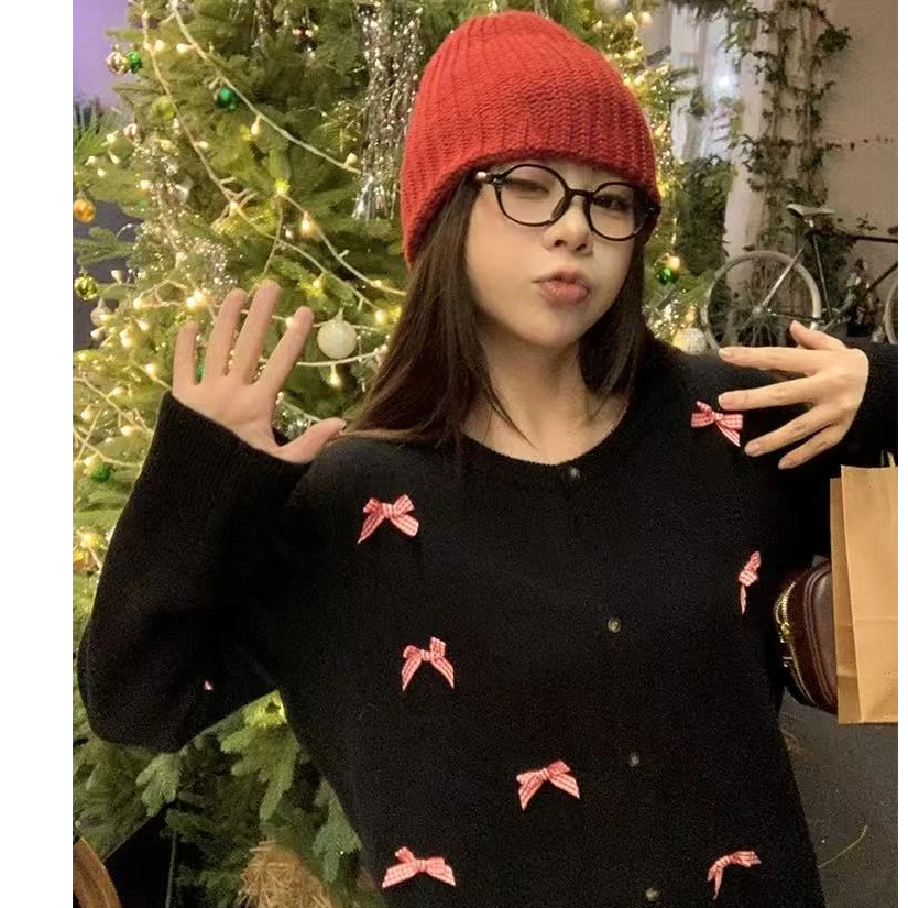 【现货秒发-NAZ微胖大码定制】手工蝴蝶结miu系针织开衫毛衣外套