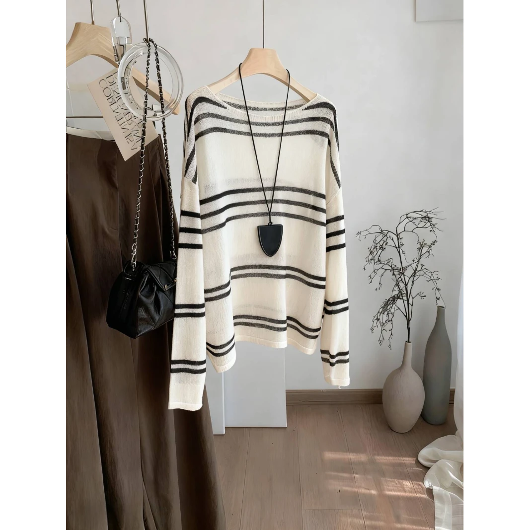 怒推，巨喜欢这件！慵懒风毛衣一字肩宽松条纹长袖针织衫女百搭上衣