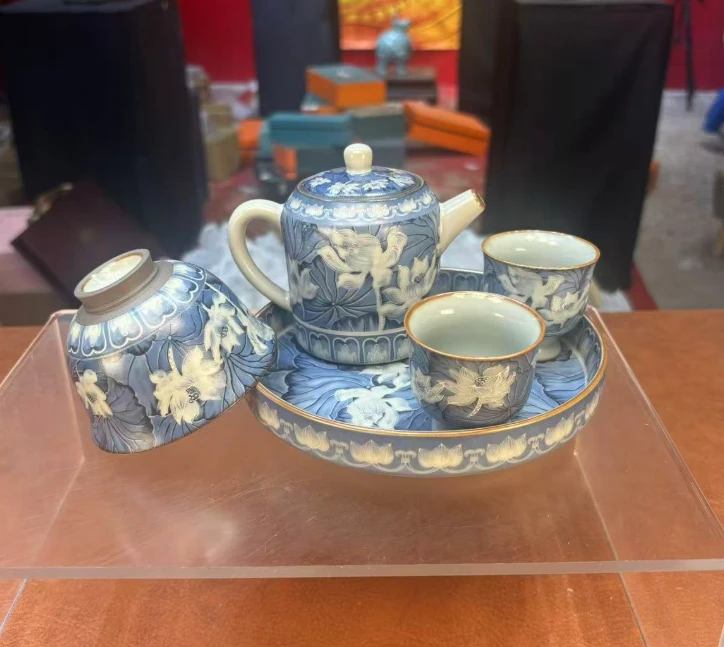 掐丝银蓝彩荷花一壶两杯+主人杯+盘（无礼盒）小套装 2937