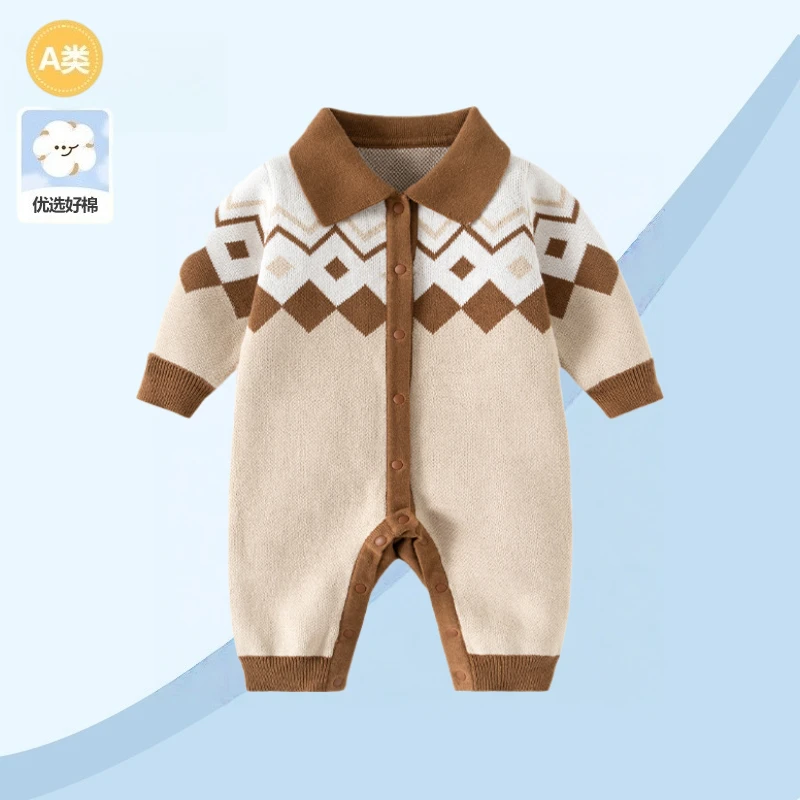 婴儿衣服连体衣秋冬装2025新款男宝宝小月龄针织哈衣春秋外出爬服