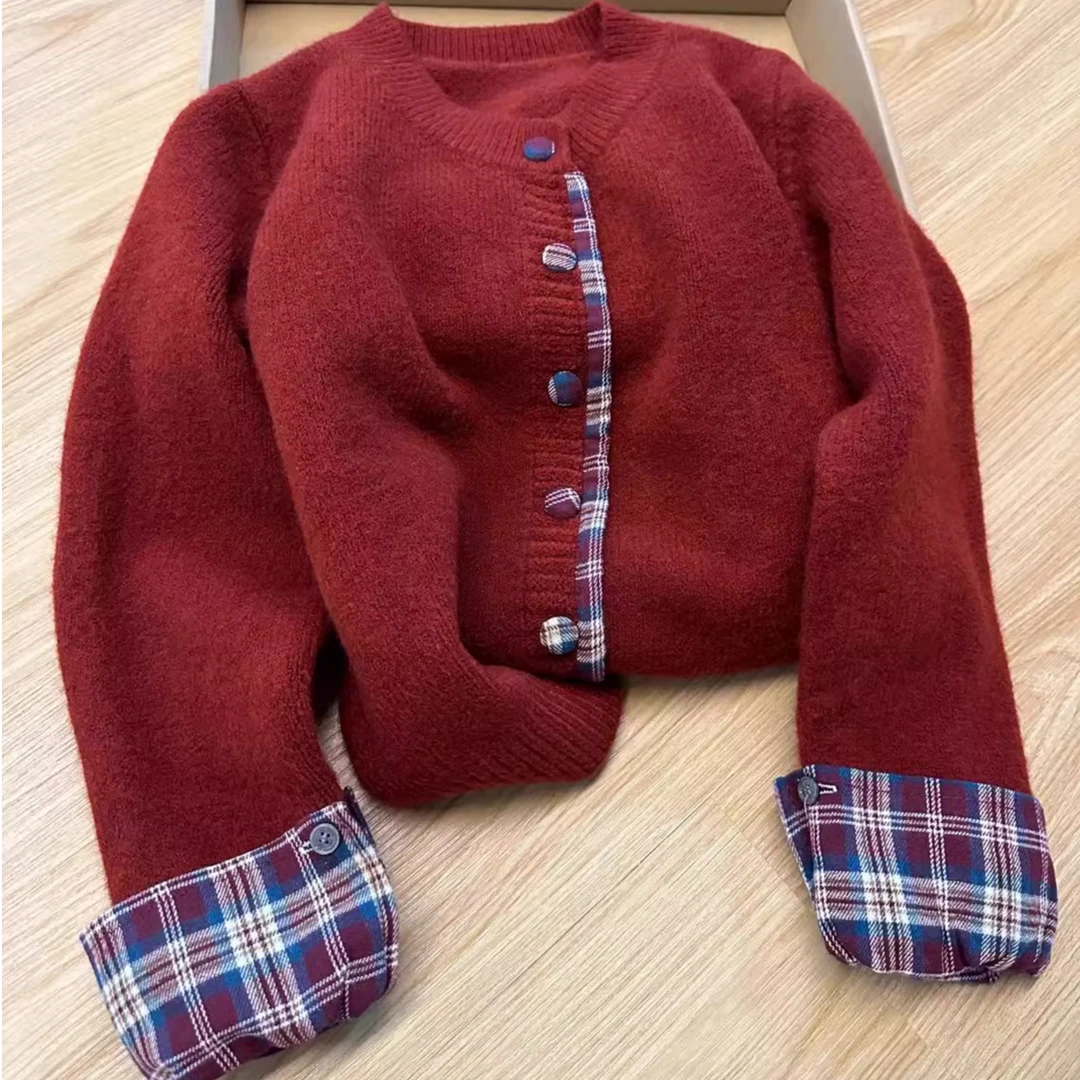 假两件韩系圆领拼接格子毛衣女2025春秋新款宽松大码休闲开衫外套