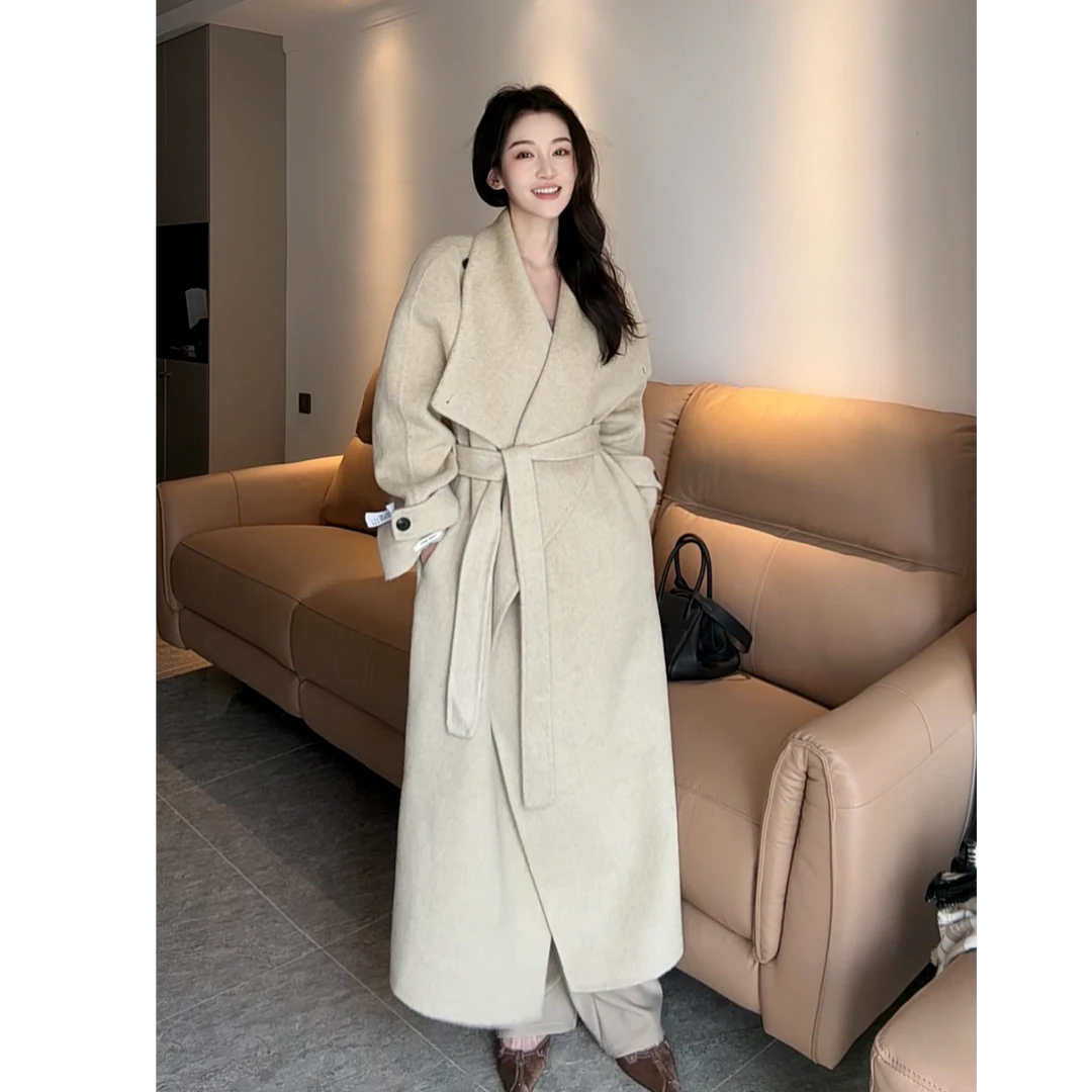 【TING】2025新款翻领长款秋冬长袖纯色百搭毛呢大衣25003