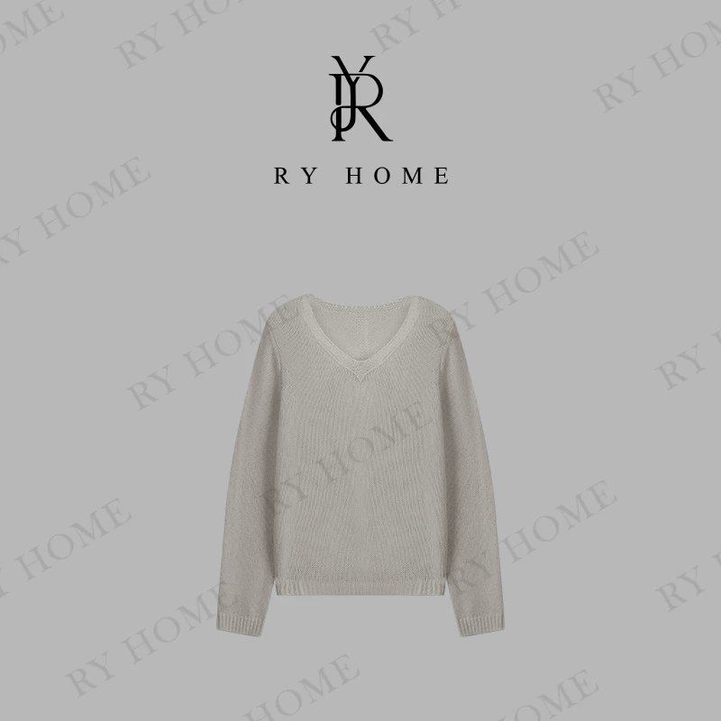 【容雨RYHOME】亚麻＋莱赛尔欧若风V领慵懒风毛衣251M2877