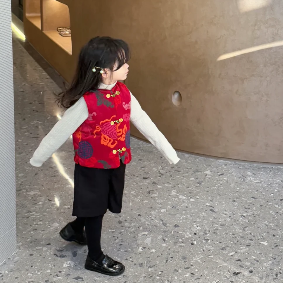 壹妈童装女童喜庆拜年服汉服春秋儿童国风新中式宝宝红色马甲唐装