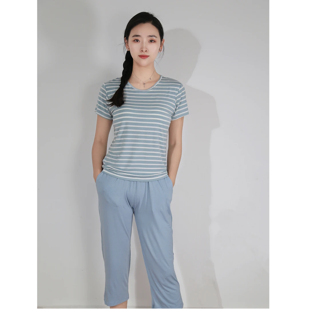 莫代尔睡衣女 夏条纹薄款 带胸垫大码套装 免文胸 家居服