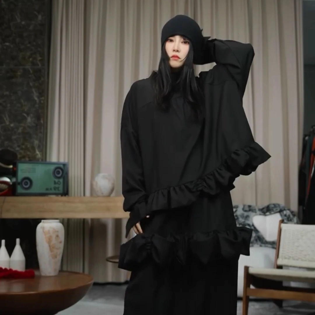 infobyfive2025秋冬新款三粒扣长袖花苞下摆斗篷衬衫壹NF0510010