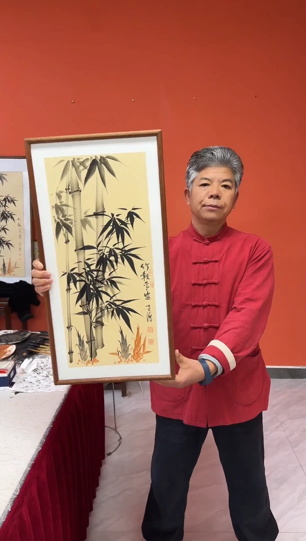 书法张富民手绘作品/竹报平安//古宣（乌檀木外框）35*70cm左右