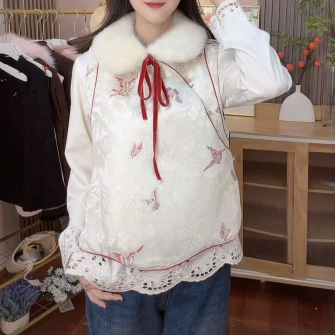【红蝶】2026新中式国风夹棉马夹斜襟气质百搭提花上衣带毛领