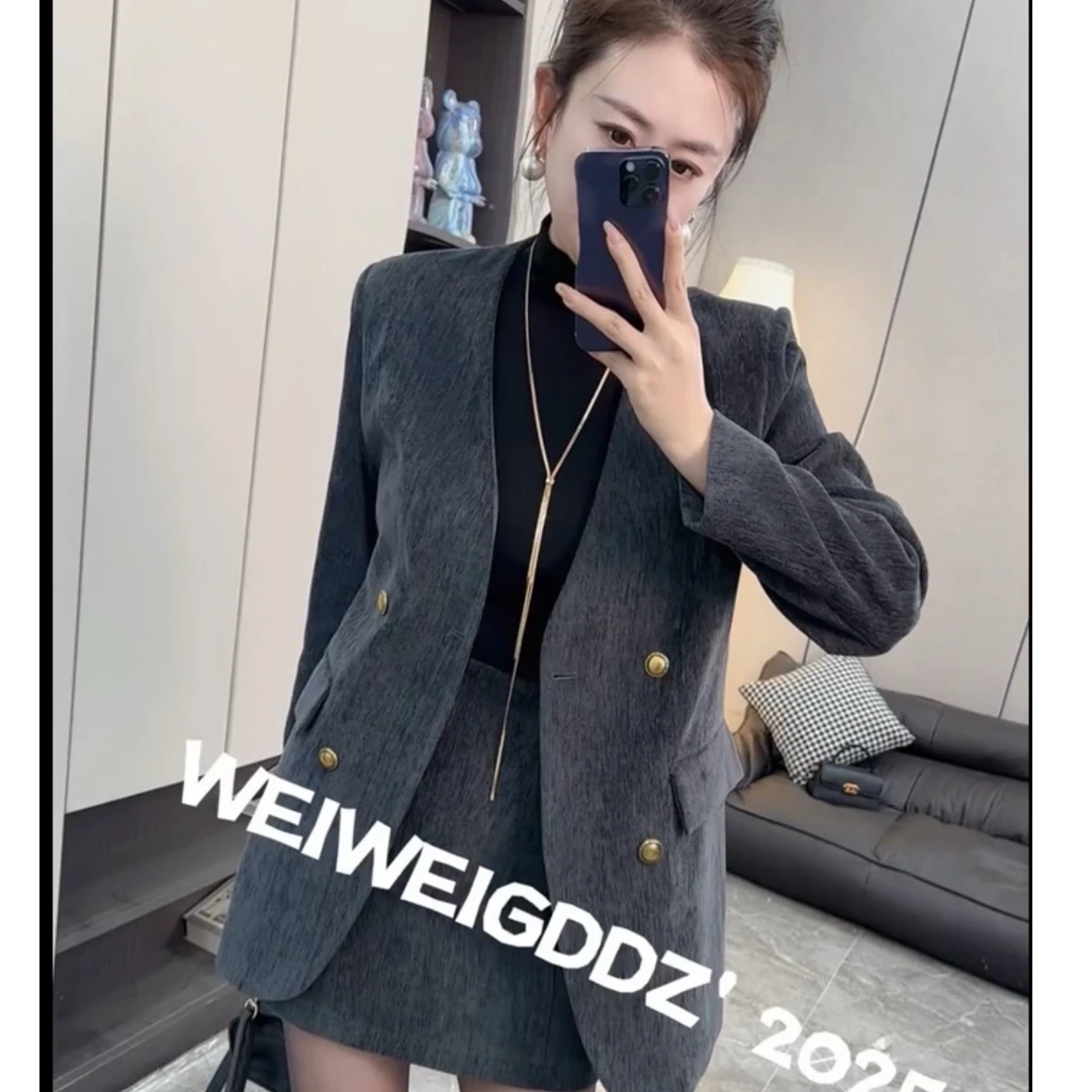 V领套装雪尼尔款2025冬季新款显瘦百搭双排扣两件套