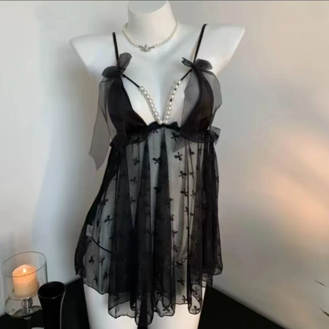 小野猫性感睡衣【ZB】新款约会战袍纯欲诱惑睡衣珍珠装饰睡衣女秋冬