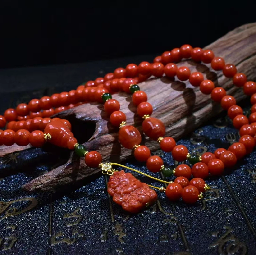 SJ【一九珠宝】高品南红瓦西凤九长链-卡7mmS925银   YJ3099