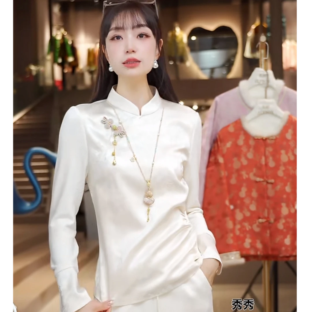 《ELFBOX》2025年秋冬季醋酸加绒百搭立领修身弹力衬衣6680