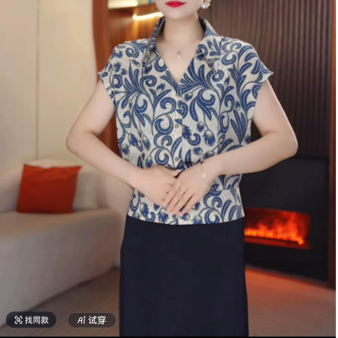 洋气减龄翻领印花衬衫女夏季2025新款高级感宽松显瘦休闲短袖上衣