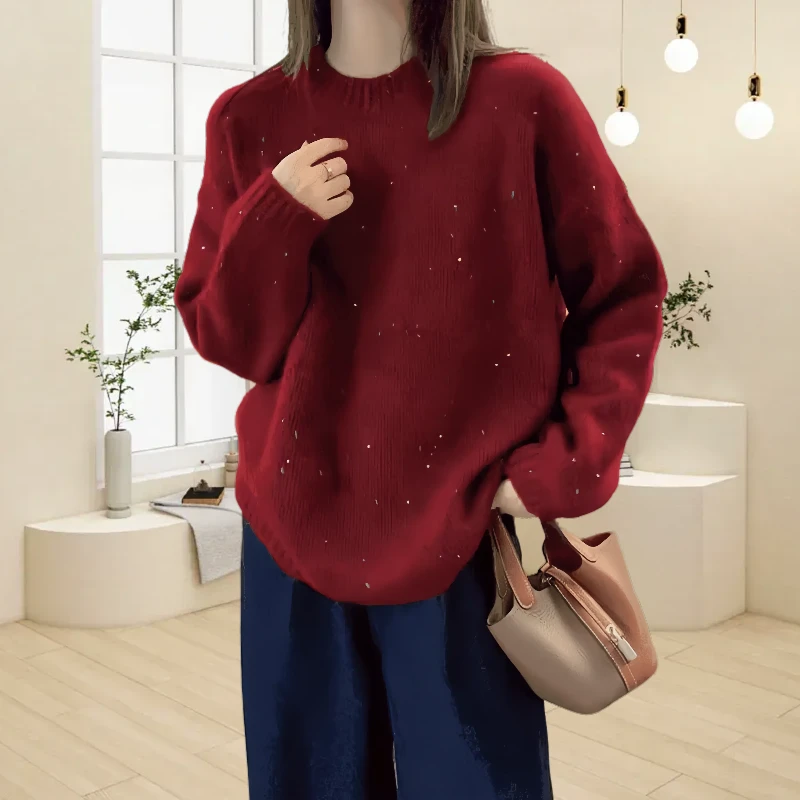 时尚洋气红色毛衣女款2025款网红款秋冬显瘦新款宽松百搭针织上衣