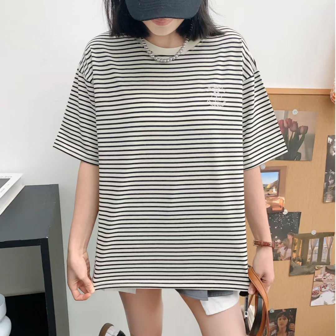 2025新款条纹字母刺绣短袖