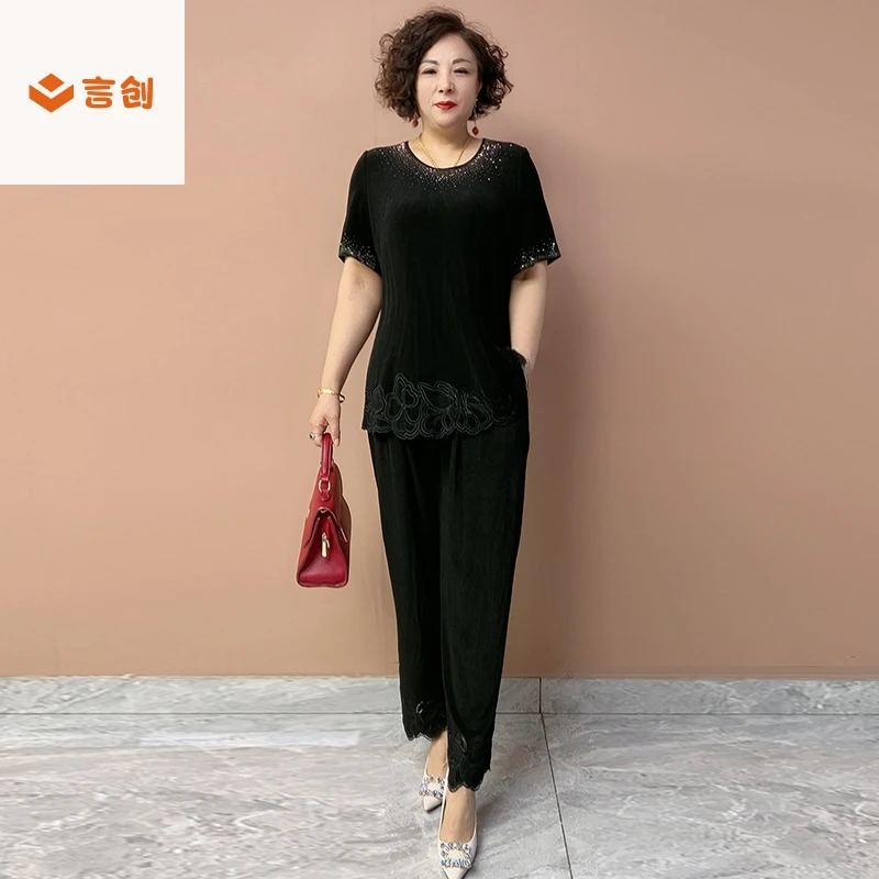 424短袖圆领中年妈妈夏装两件套上衣九分裤子2025新款洋气套装女