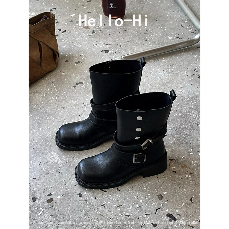 牛皮版~韩版复古铆钉皮带扣马丁靴女厚底西部靴中筒方头粗跟短靴