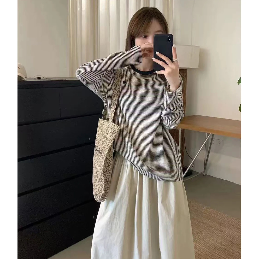 【褚培培自制】“定制条纹”-秋季原创韩版刺绣拼色气质百搭软糯衫女