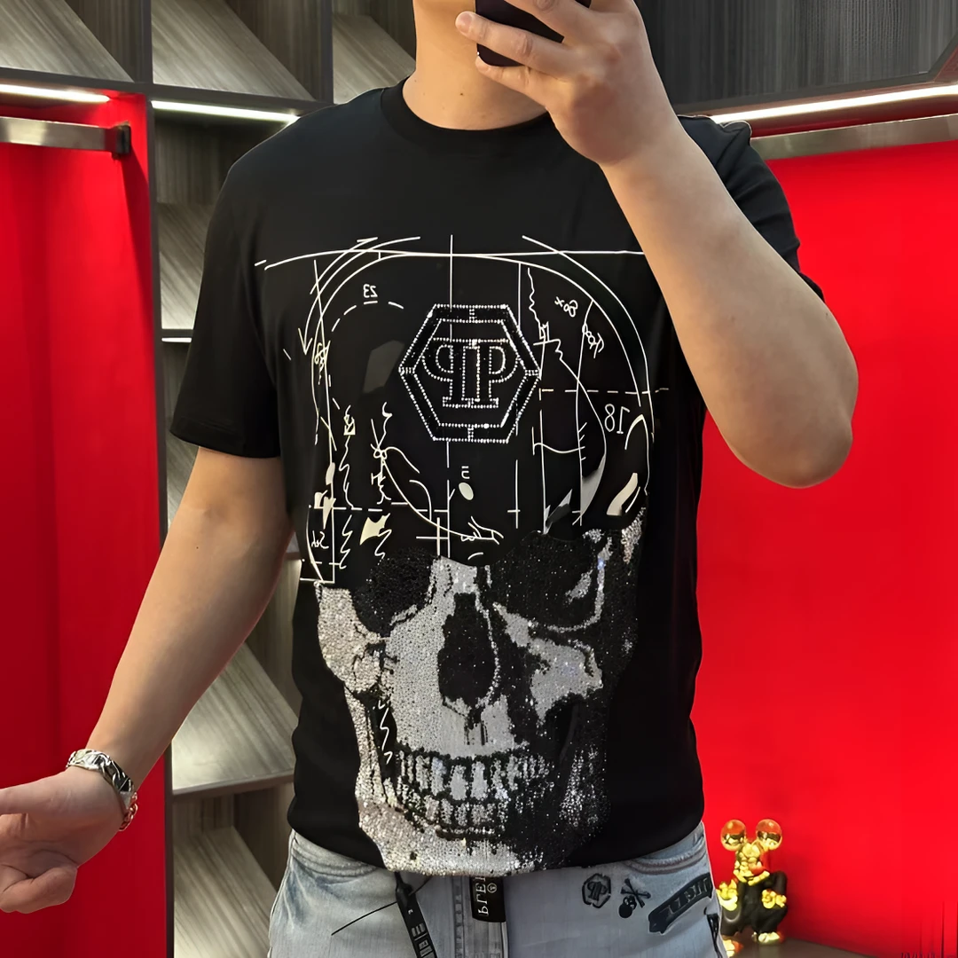 PP正品25新款潮流液氨针织棉重工字母骷髅头烫钻领T恤衫256811