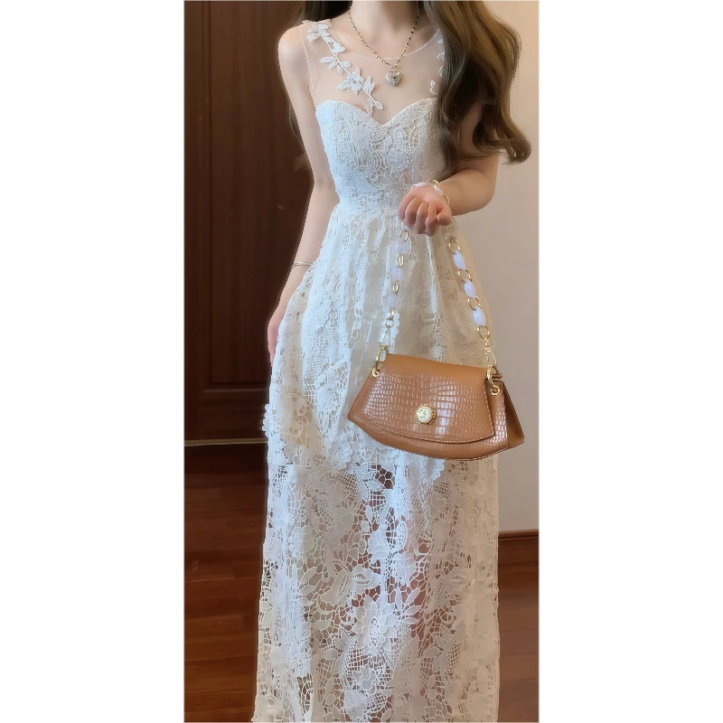 【冷艳繁花】轻奢重工网纱拼蕾丝连衣裙千金风名媛气质礼服长裙9597