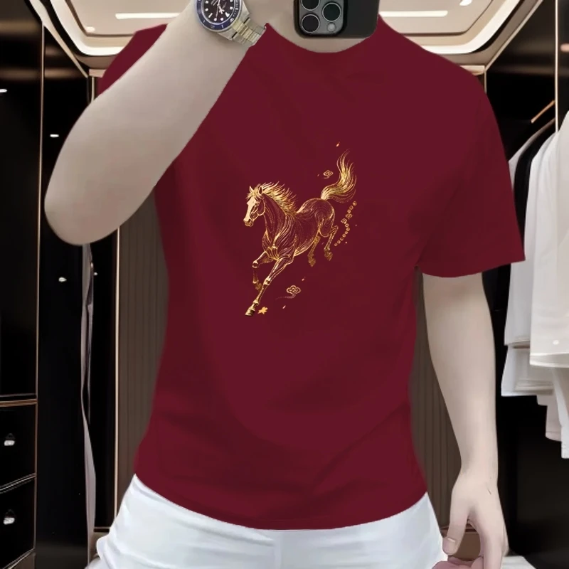 重磅轻奢夏季男士新款短袖纯棉T恤2026休闲百搭宽松圆领印花上衣