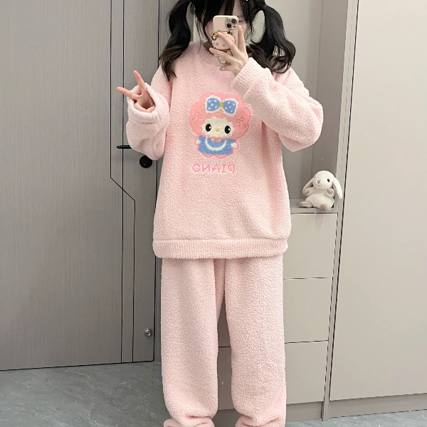 原创！粉色小羊冬季长袖仿半边绒睡衣少女冬加绒甜美可爱家居服