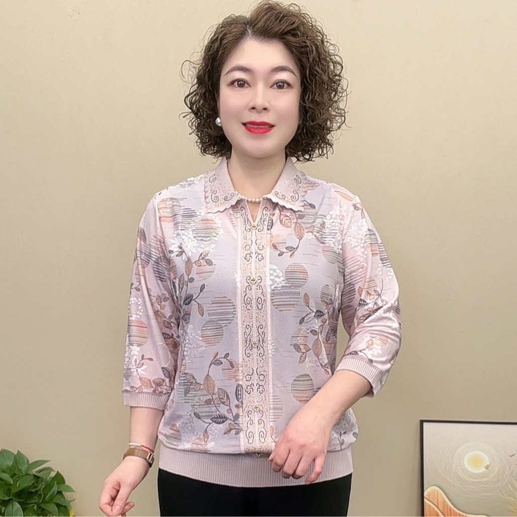 妈妈装七分袖翻领宽松显瘦轻薄冰凉气质洋气时尚百搭弹力女士上衣