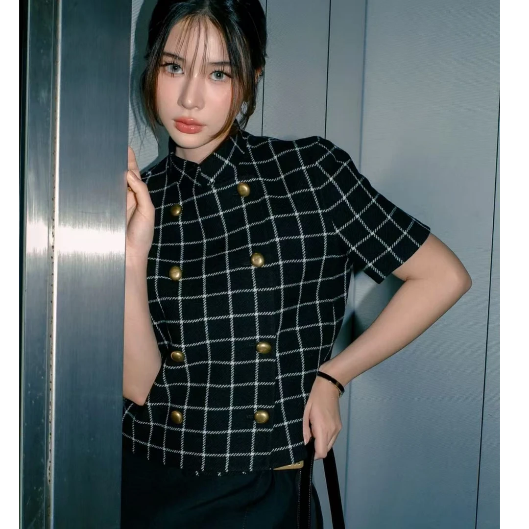 未使用 DIOR/迪奥 Dior 24ss双排扣格纹金扣短袖外套 黑色34