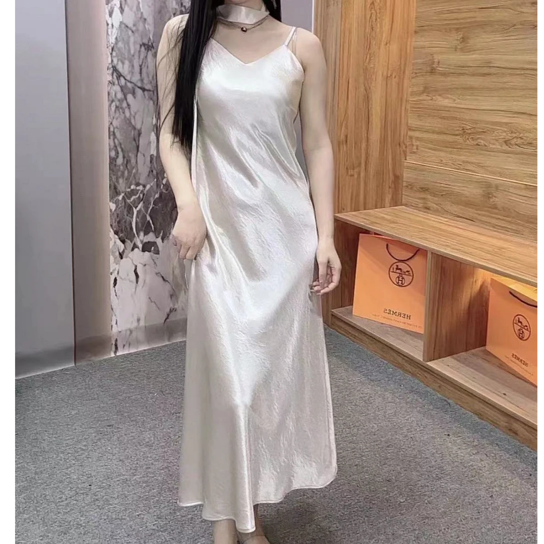 【送飘带】气质时尚性感醋酸吊带裙夏新款法式夏季显瘦长裙8520