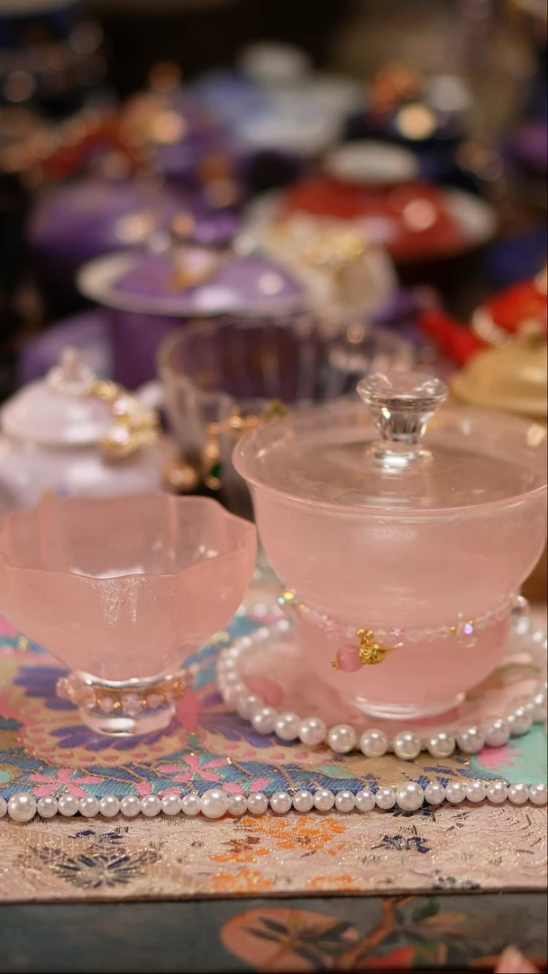 茶宠粉色葫芦盖碗+链子+杯子/