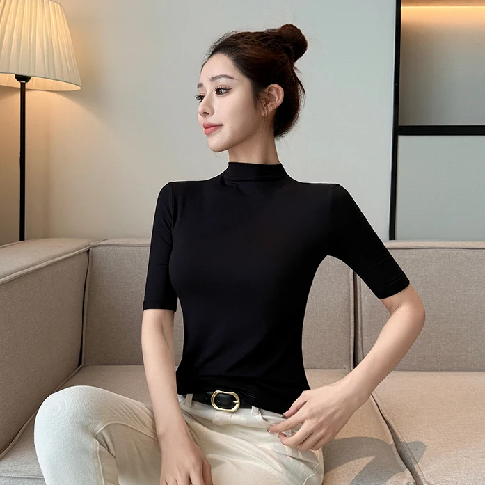 T恤螺纹半高领五分袖内搭2025年秋冬中袖打底衫显瘦百搭洋气修身