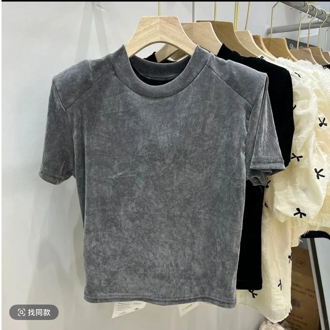 08号丝绒垫肩短袖修身上衣