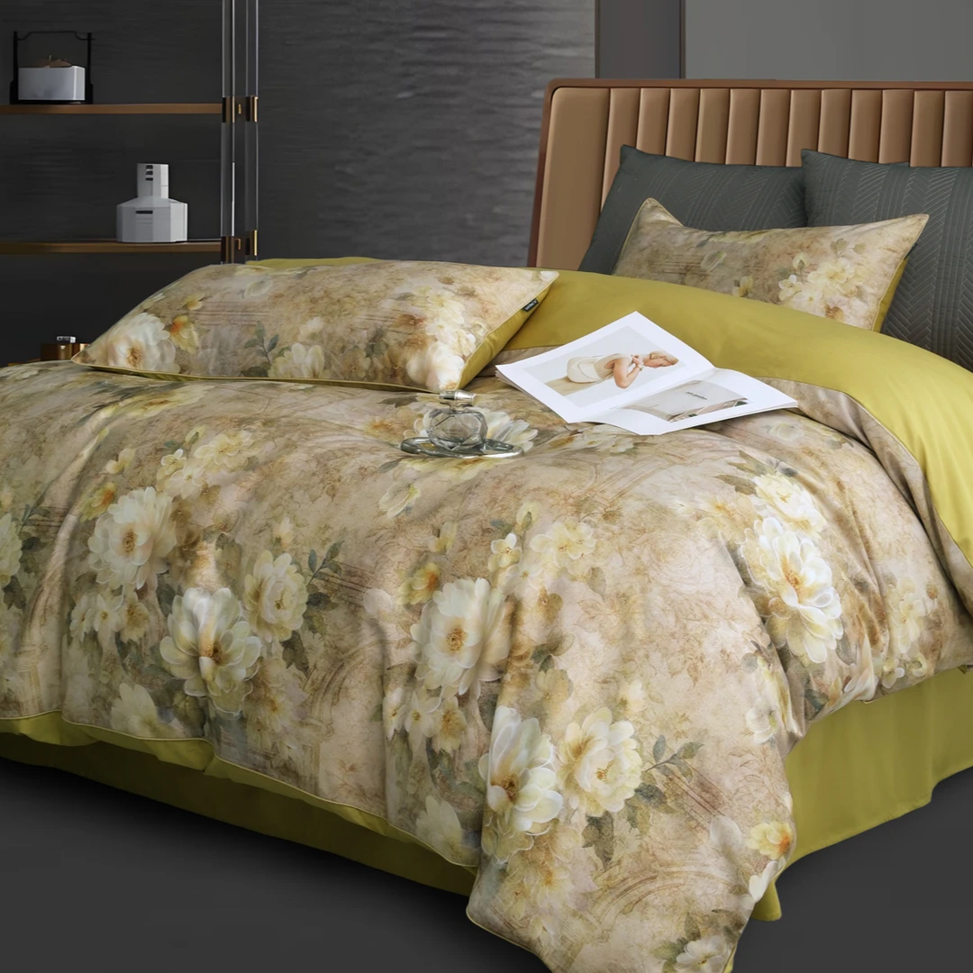 纯棉滚绳活性数码印花100s四件套 花开富贵-金--标准/加大