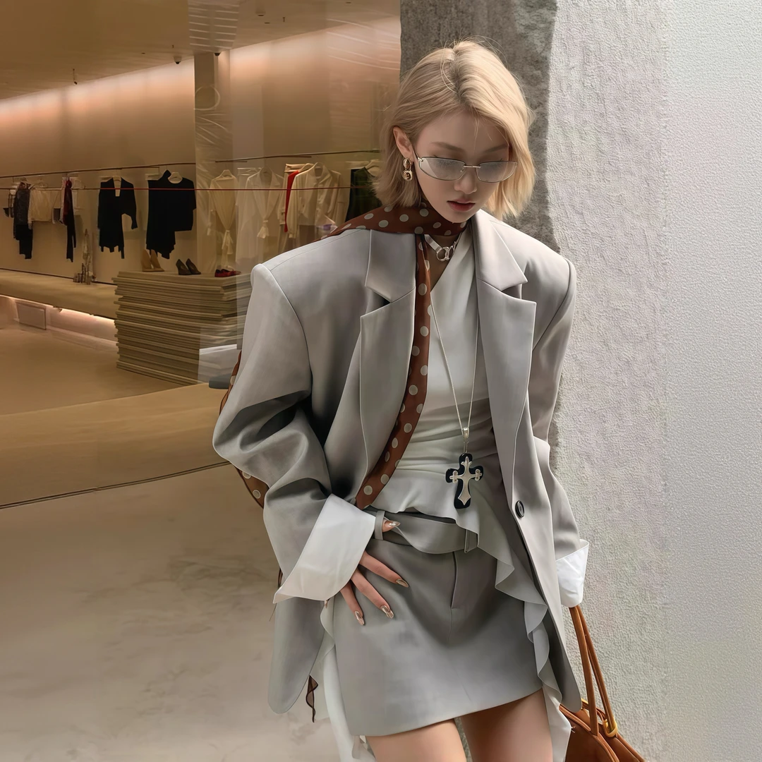韩系小众设计感时尚套装裙2025秋季款灰色系长袖外套半身裙两件套