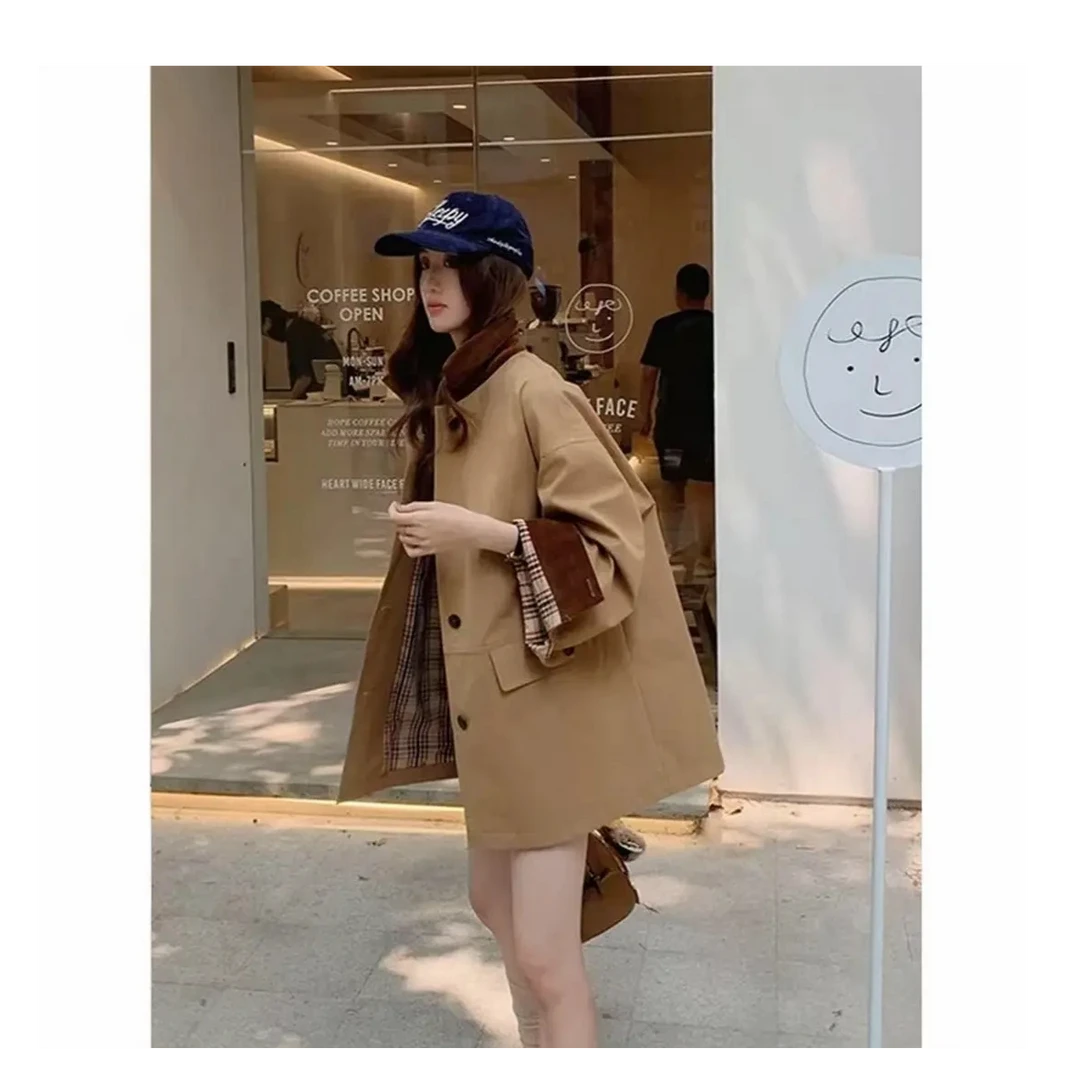 2025高级经典撞色风衣外套廓形显瘦宽松英伦风大衣