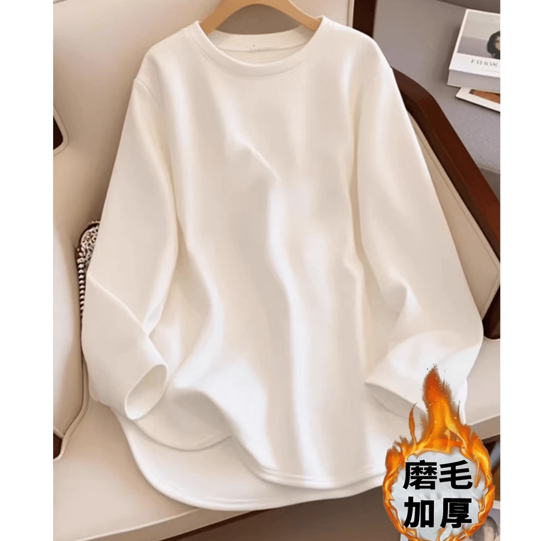 秋冬新款不规则加厚磨毛T恤女宽松显瘦遮屁股中长款保暖内搭上衣