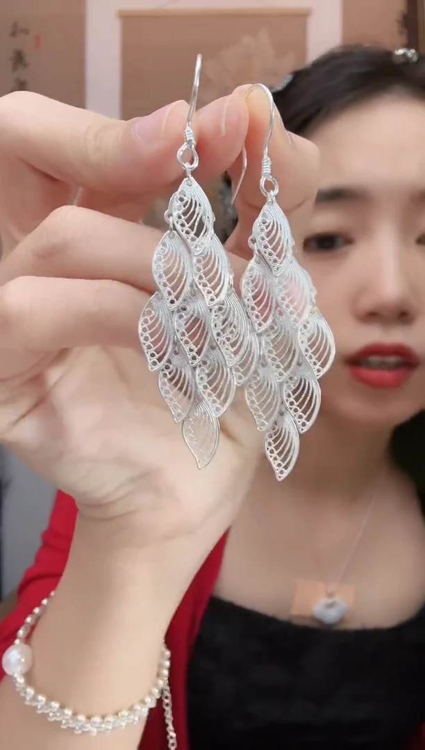 -足银民族风  花丝凤尾翎羽 耳钩