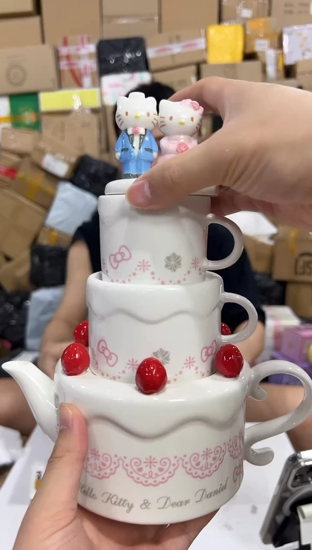 瓷片原盒kt猫结婚茶壶套组