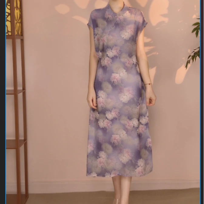 玺麻【暮紫花】月亮袖106新款夏季女装连衣裙新中式气质百搭显瘦