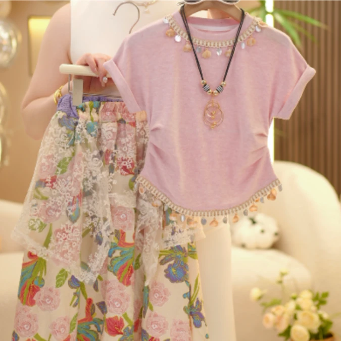 【米小洛】2025新款夏季女童韩版百搭洋气粉色上衣裙子套装