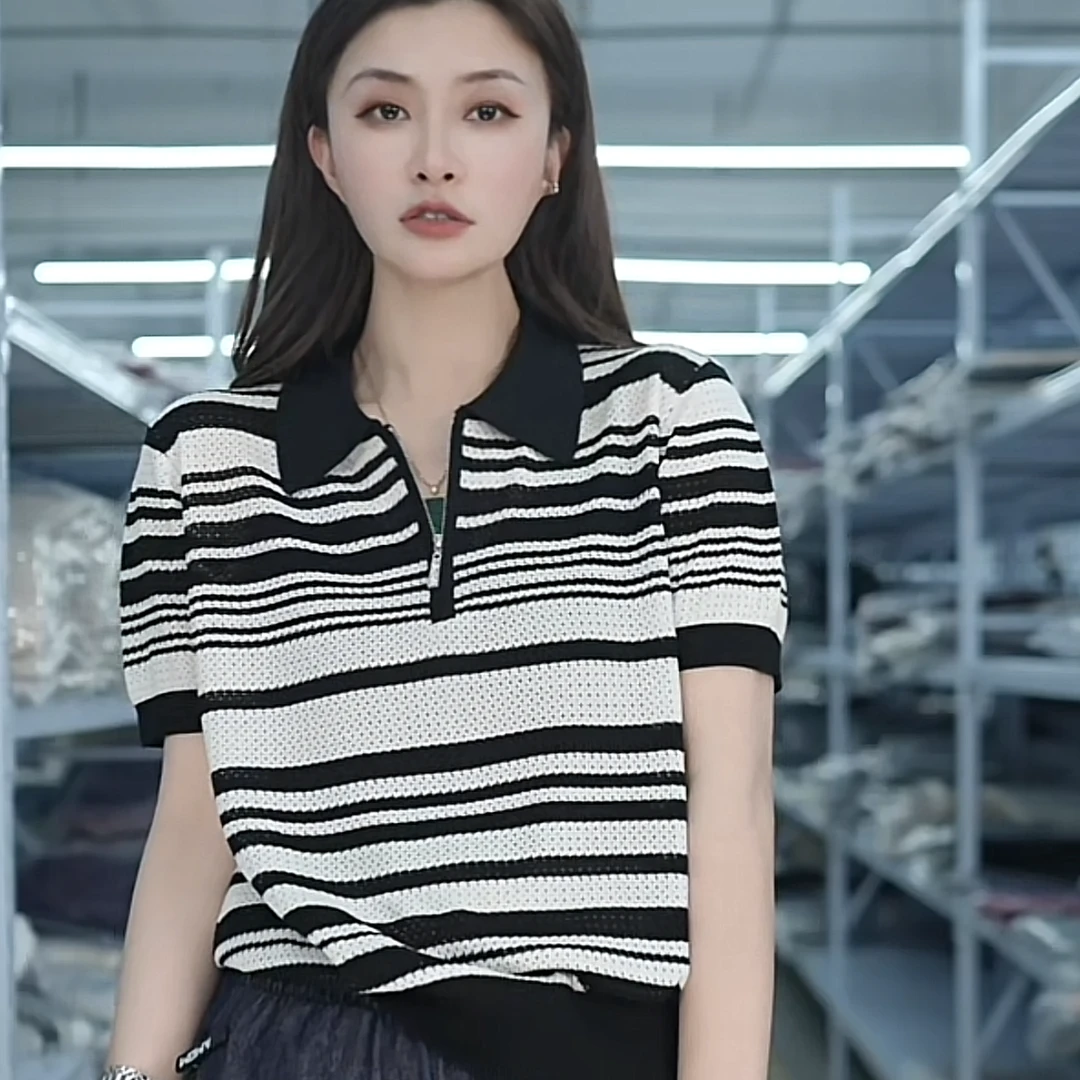 【蓉蓉精选】夏季百搭镂空提花翻领条纹气质时尚减龄针织衫S940#