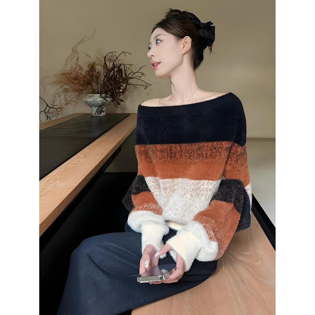 温柔慵懒风一字肩撞色条纹针织衫女秋冬季氛围感韩版气质宽松毛衣
