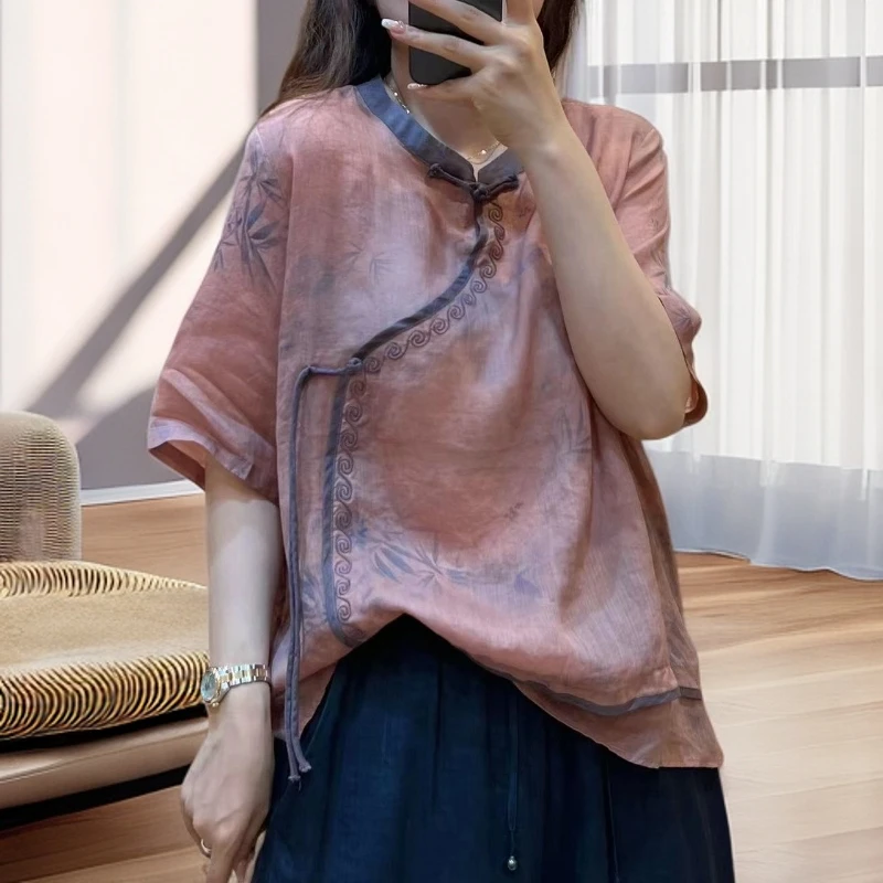 大宁女装【粉色竹林】100%苎麻夏季中式禅意斜襟盘扣宽松上衣C553
