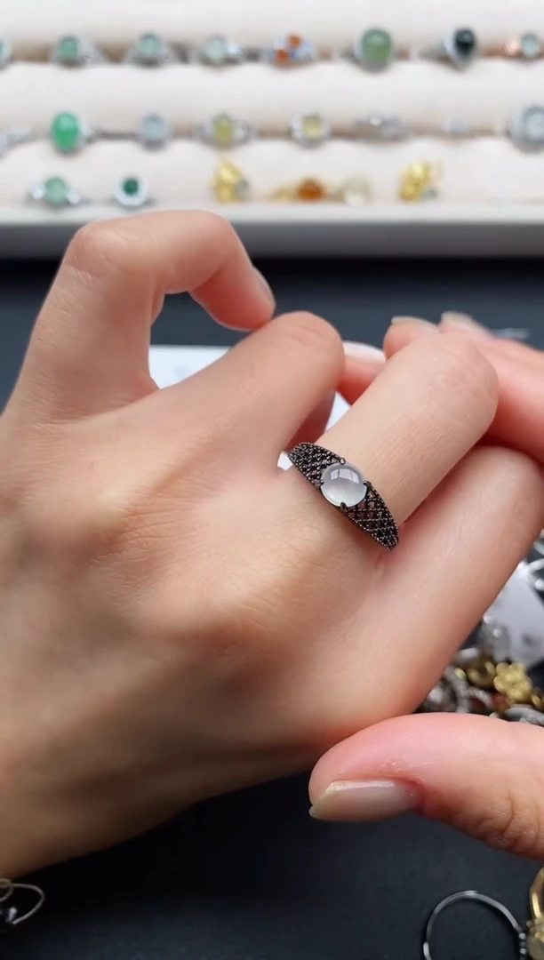 银S925镶嵌戒指翡翠缅甸天然A货翡翠11  3-7