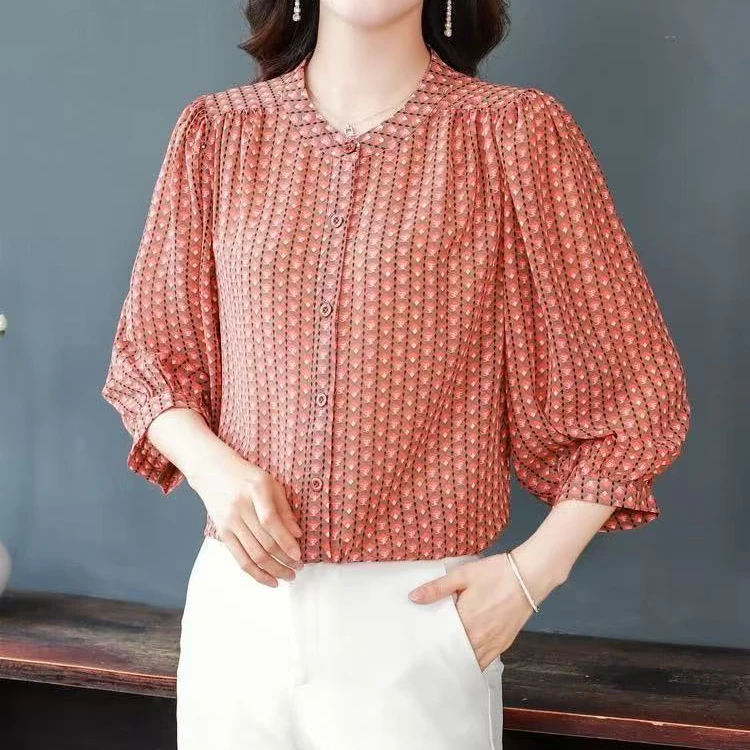 碎花法式夏季圆领成人七分袖衬衫中袖时尚上衣印花气质衬衣