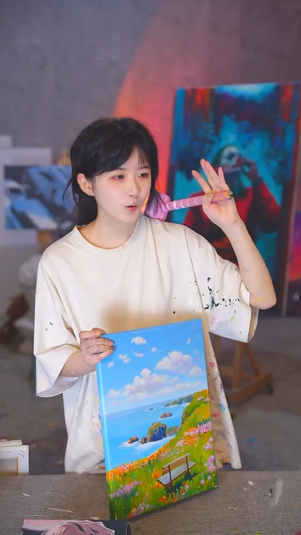油画威*K海边的长椅丙烯画纯手绘
