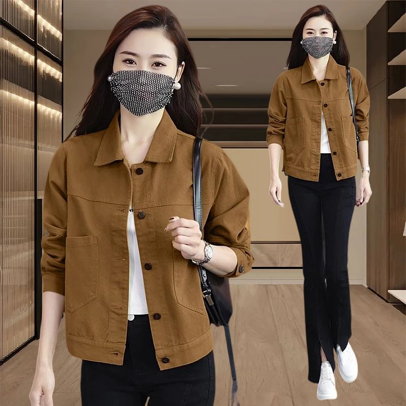 咖色复古polo领长袖小个子短款外套春秋季时尚洋气百搭外穿上衣女