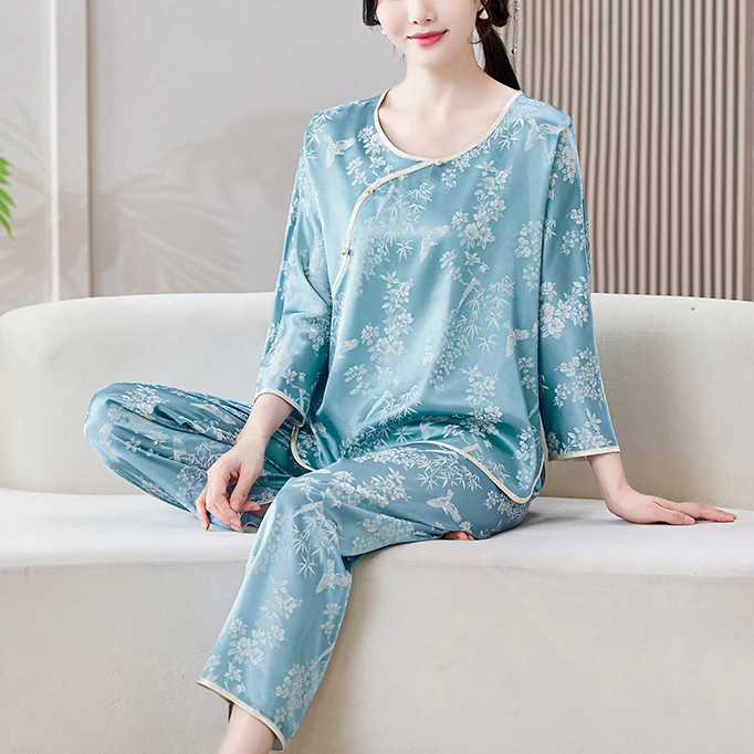 新中式女冰丝睡衣送妈妈夏季高级感缎面可外穿中老年人家居服套装