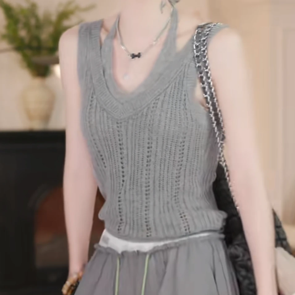 设计感假两件夏季新款针织衫修身显瘦背心简约百搭时尚休闲上衣
